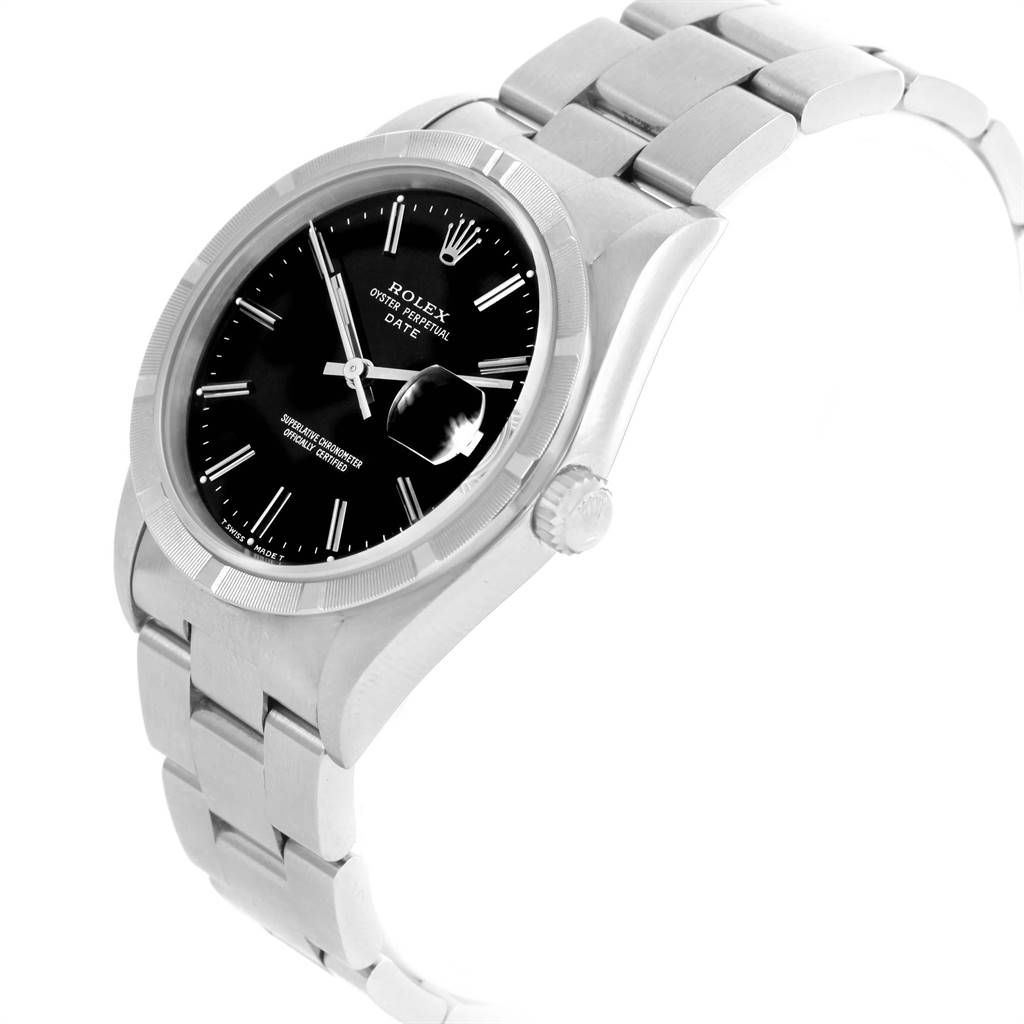 This Rolex Date 15210 Men's Stainless Steel Black Dial 15210 Men's Stainless Steel Black Dial model watch is shown from a side angle, highlighting the black dial, bezel, crown, and bracelet.