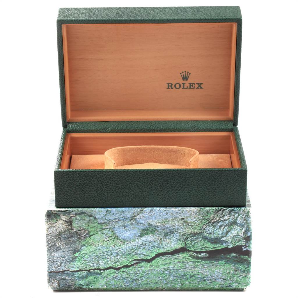 The image shows an open green and wooden Rolex Date 15200 Men's Stainless Steel Pink Dial 15200 Men's Stainless Steel Pink Dial model watch box.