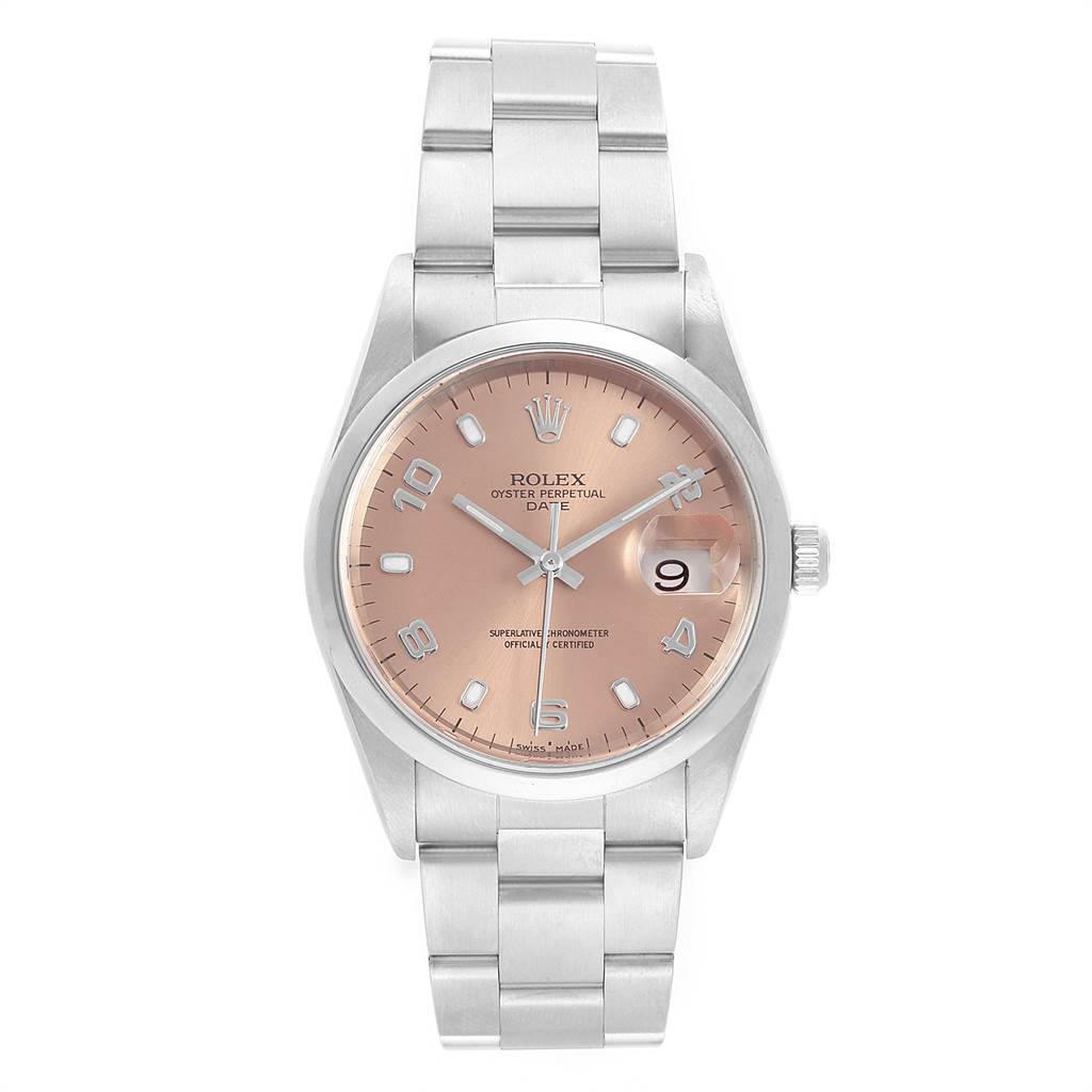 The image shows a frontal view of a Rolex Oyster Perpetual Date watch with a pink dial and stainless steel bracelet.