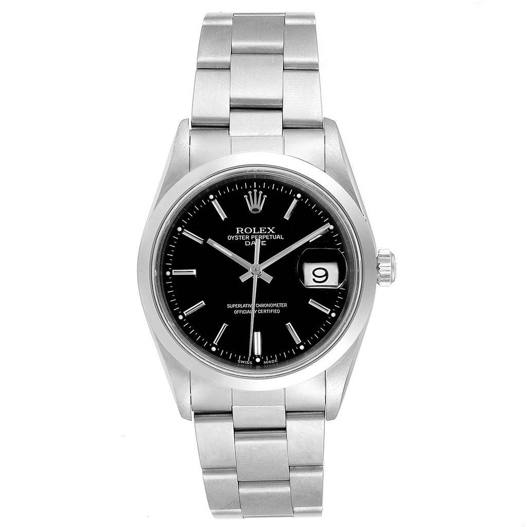 This image shows a front view of a Rolex Date 15200 Men's Stainless Steel Black Dial 15200 Men's Stainless Steel Black Dial model watch displaying the dial, bezel, bracelet, and date window.