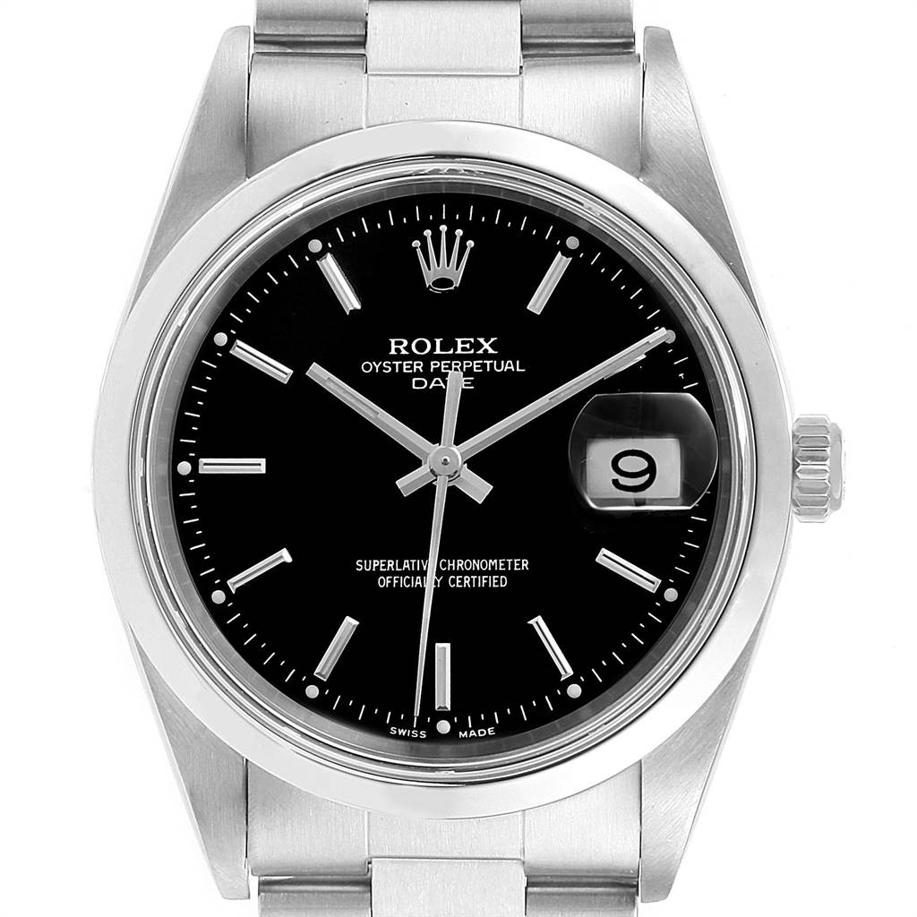 The image shows a front view of the Rolex Date 15200 Men's Stainless Steel Black Dial 15200 Men's Stainless Steel Black Dial model watch, displaying the dial, bezel, crown, and part of the bracelet.