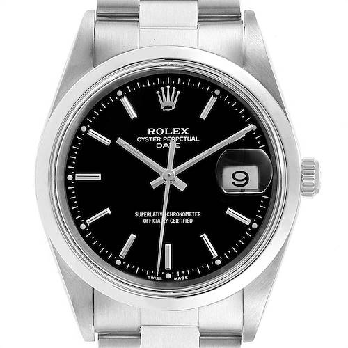 Photo of Rolex Date Black Dial Domed Bezel Steel Mens Watch 15200