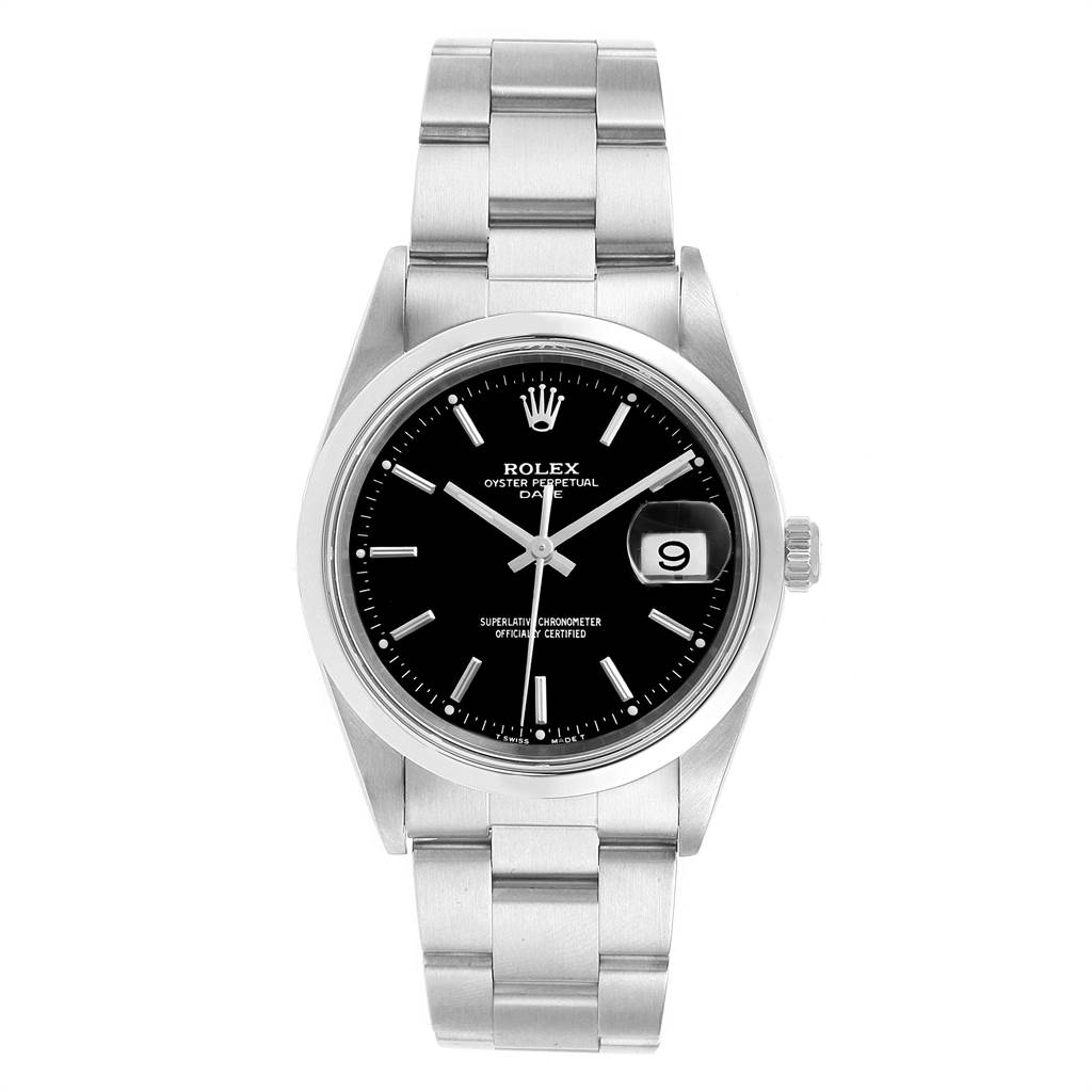 This image shows a front view of the Rolex Date 15200 Men's Stainless Steel Black Dial 15200 Men's Stainless Steel Black Dial model watch, displaying its black dial, date window, and stainless steel bracelet.