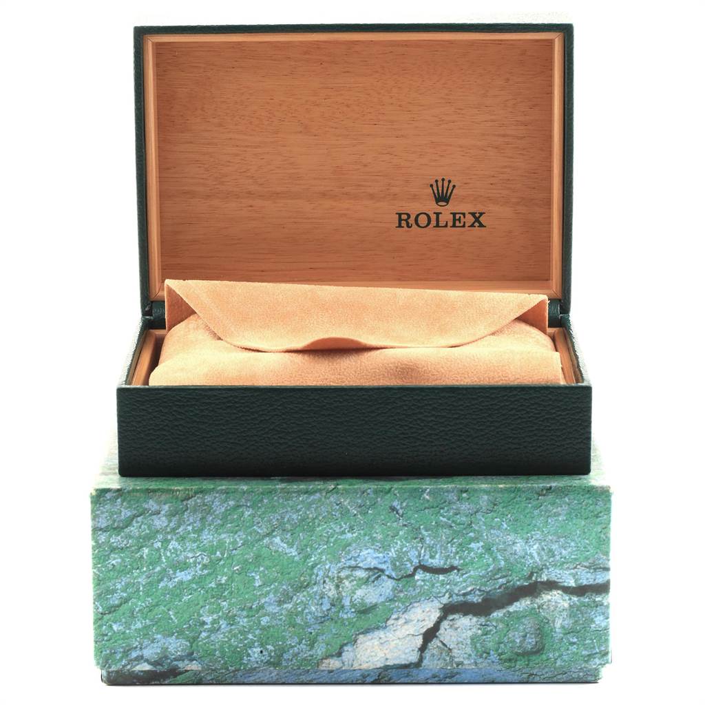 The image shows the opened packaging box of a Rolex Date 15200 Men's Stainless Steel Black Dial 15200 Men's Stainless Steel Black Dial watch from a frontal angle.