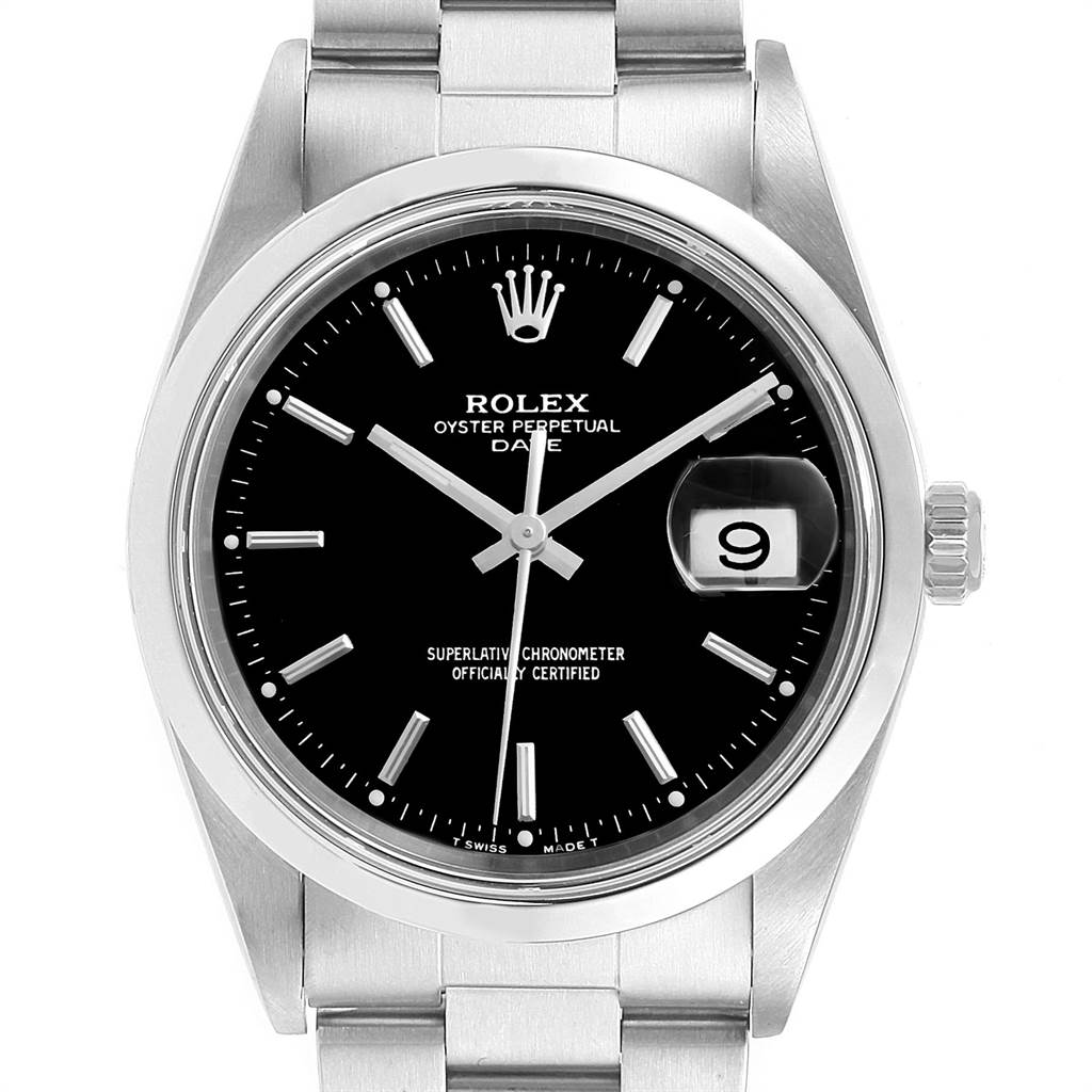 This Rolex Date 15200 Men's Stainless Steel Black Dial 15200 Men's Stainless Steel Black Dial model watch is shown from a top-down angle, highlighting its black dial, date window, and stainless steel bracelet.