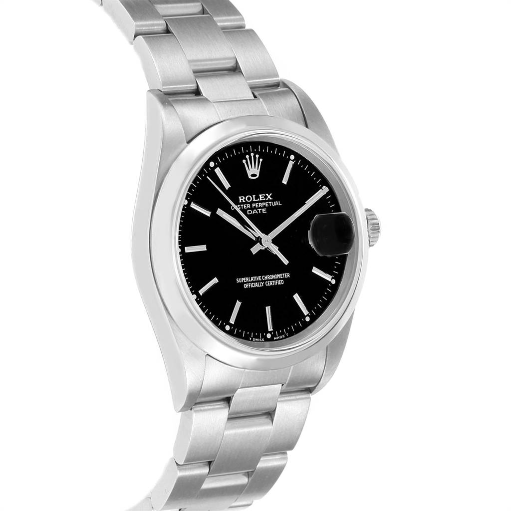 The Rolex Oyster Perpetual Date watch is shown from a front angle, displaying the face, bezel, and bracelet.