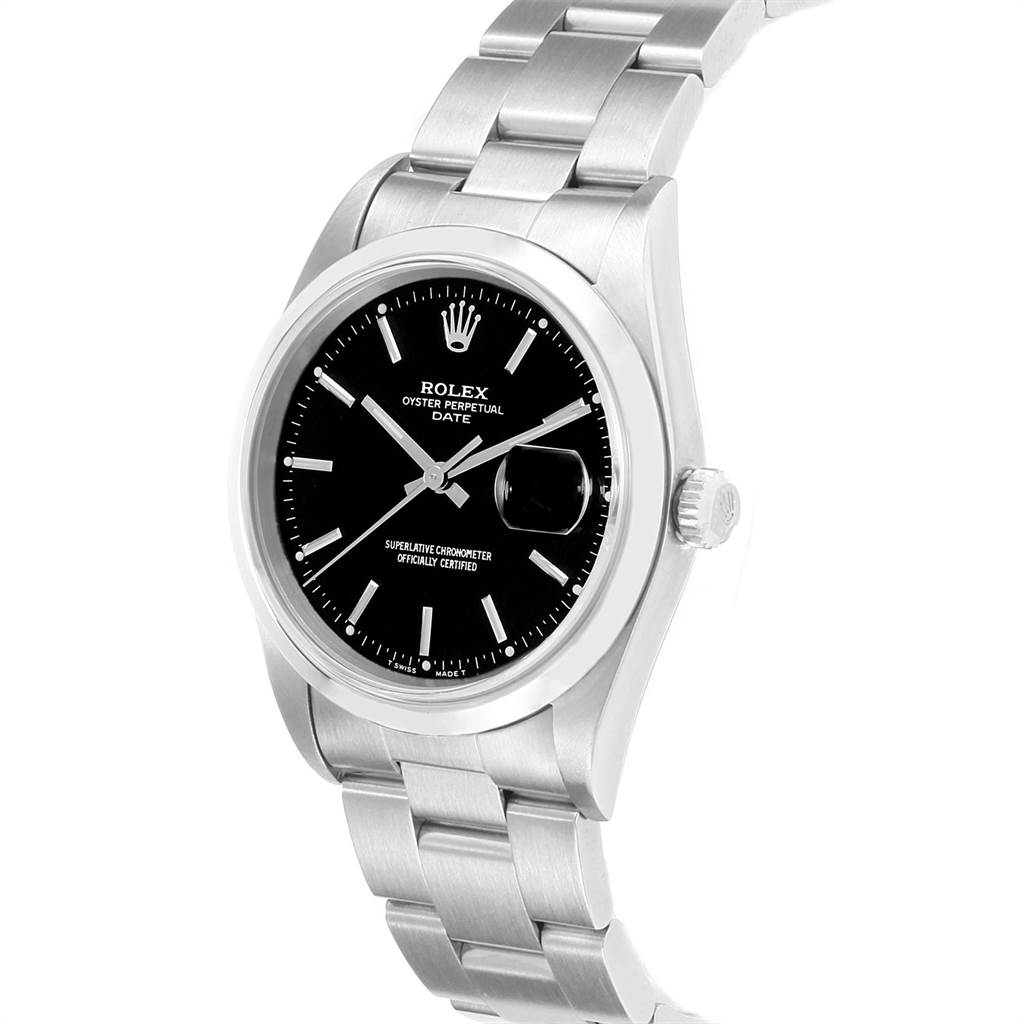 The image shows a Rolex Date 15200 Men's Stainless Steel Black Dial 15200 Men's Stainless Steel Black Dial model watch viewed at a slight angle, highlighting the dial, case, bracelet, and crown.