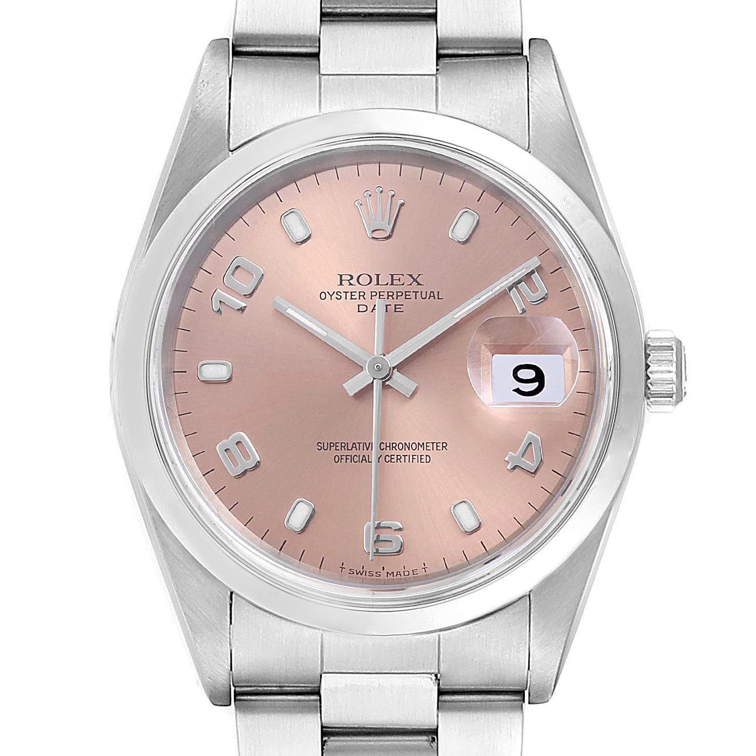 The image shows a frontal view of the Rolex Oyster Perpetual Date model, highlighting its dial, bezel, and metal bracelet.