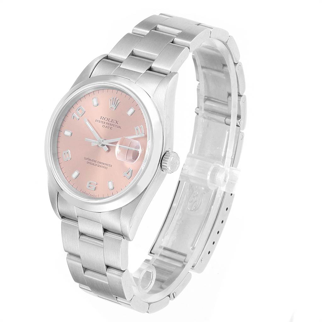 The Rolex Date 15200 Men's Stainless Steel Pink Dial 15200 Men's Stainless Steel Pink Dial model watch is shown at a three-quarter angle, displaying the face, case, crown, and part of the bracelet.