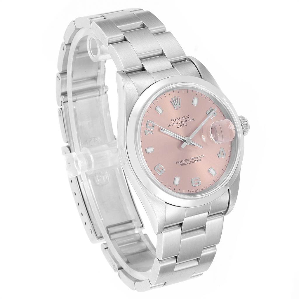 The image shows a Rolex Date 15200 Men's Stainless Steel Pink Dial 15200 Men's Stainless Steel Pink Dial model watch at a three-quarter angle, highlighting the dial, bezel, and bracelet.