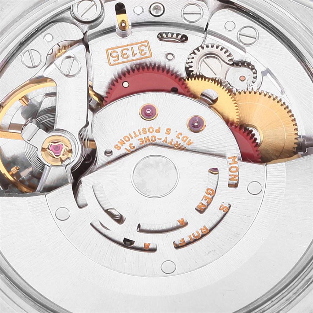 This close-up image shows the movement mechanism of a Rolex Date 15200 Men's Stainless Steel Pink Dial 15200 Men's Stainless Steel Pink Dial model.
