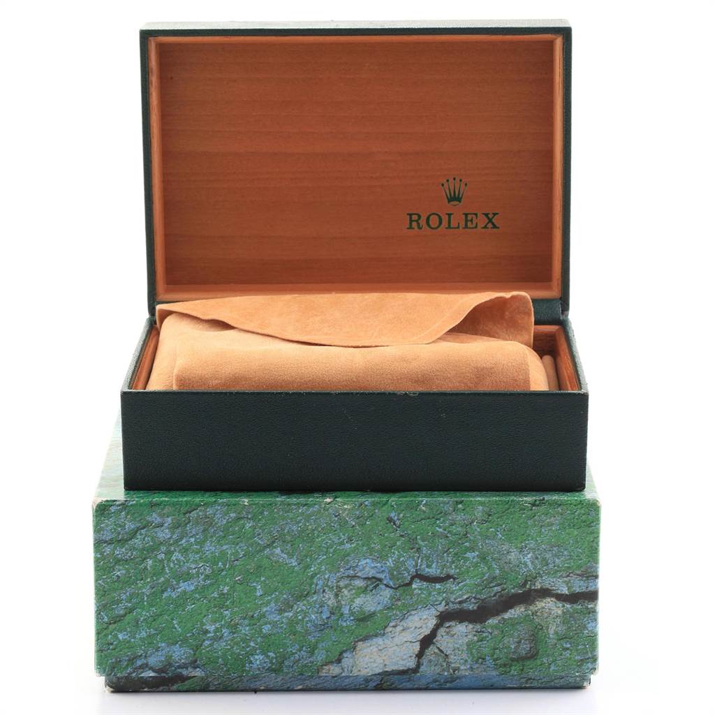 The image shows a closed Rolex Date 15200 Men's Stainless Steel Pink Dial 15200 Men's Stainless Steel Pink Dial model watch in its inner and outer boxes, with the lid of the inner box opened.