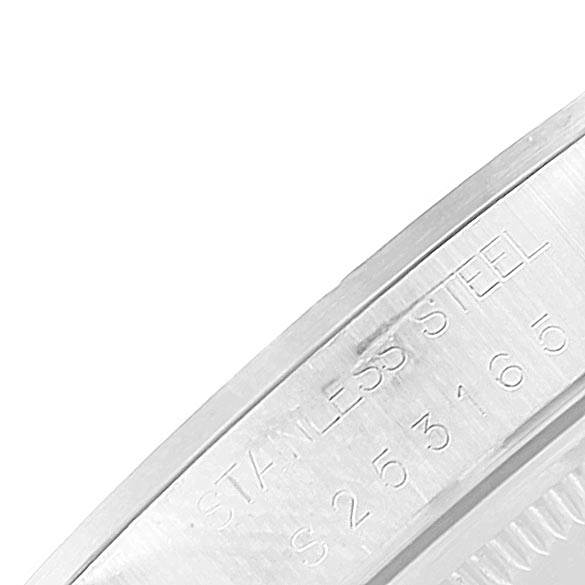 This close-up image shows the stainless steel casing with serial number engraving of the Rolex Date 15200 Men's Stainless Steel Pink Dial 15200 Men's Stainless Steel Pink Dial model.