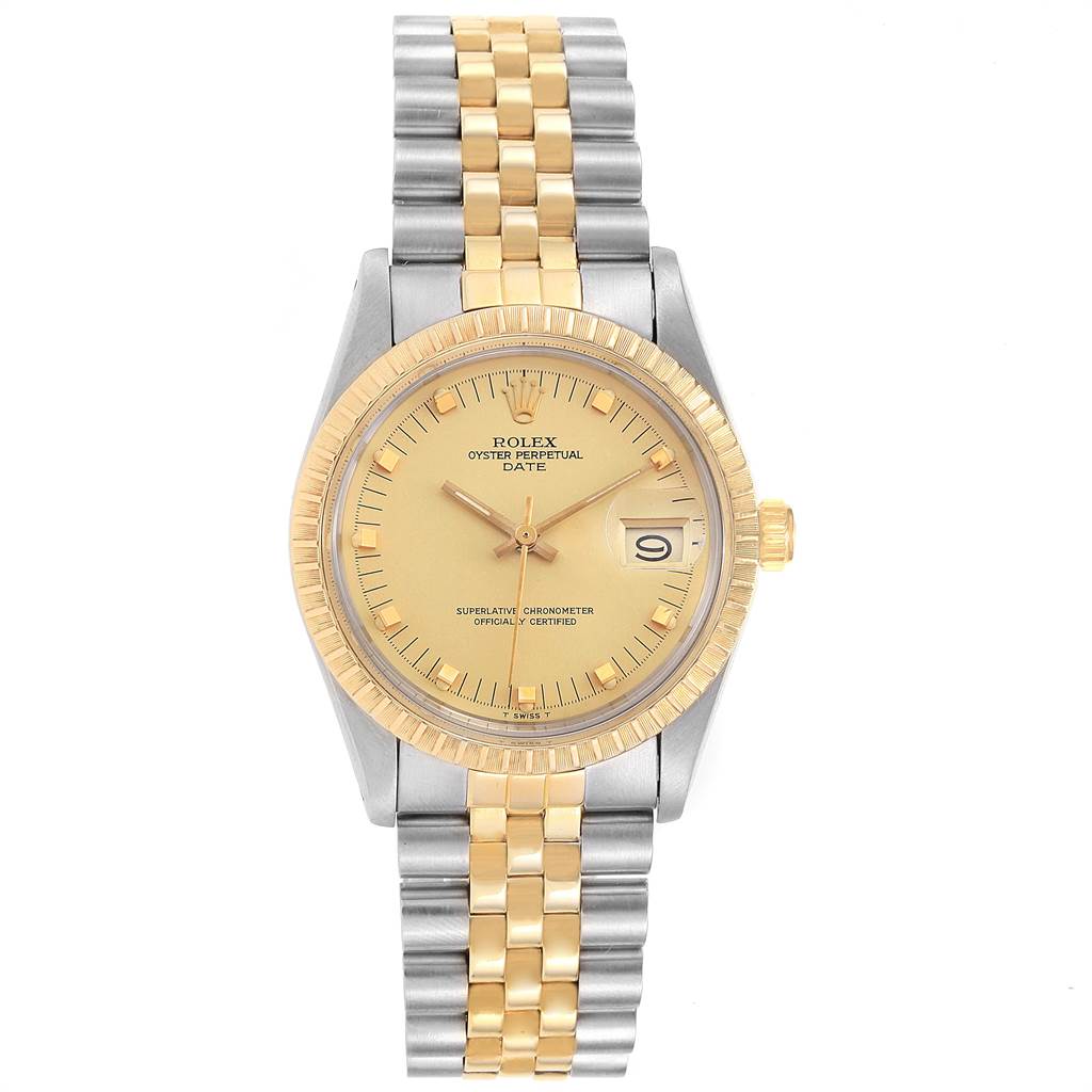 The image shows a front view of a Rolex Oyster Perpetual Date watch, displaying the dial, bezel, and bracelet.