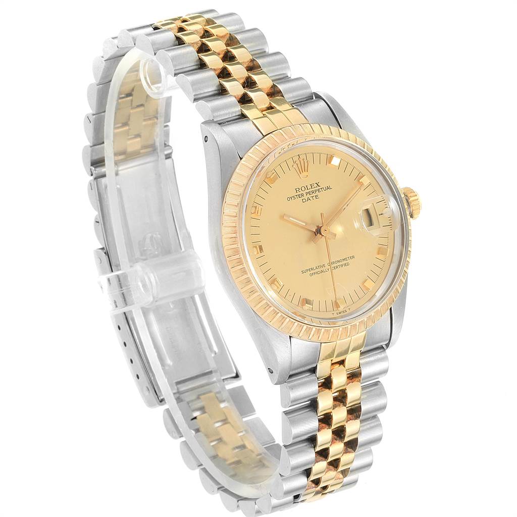 This image shows a Date model Rolex watch angled to display the face, bezel, case, and bracelet.
