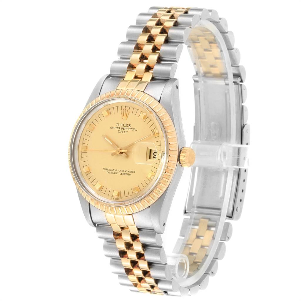 The image shows a Rolex Date 15053 Men's Steel and Gold (two tone) Champagne Dial 15053 Men's Steel and Gold (two tone) Champagne Dial model watch at a front-side angle, showcasing its dial, bezel, crown, and two-tone bracelet.