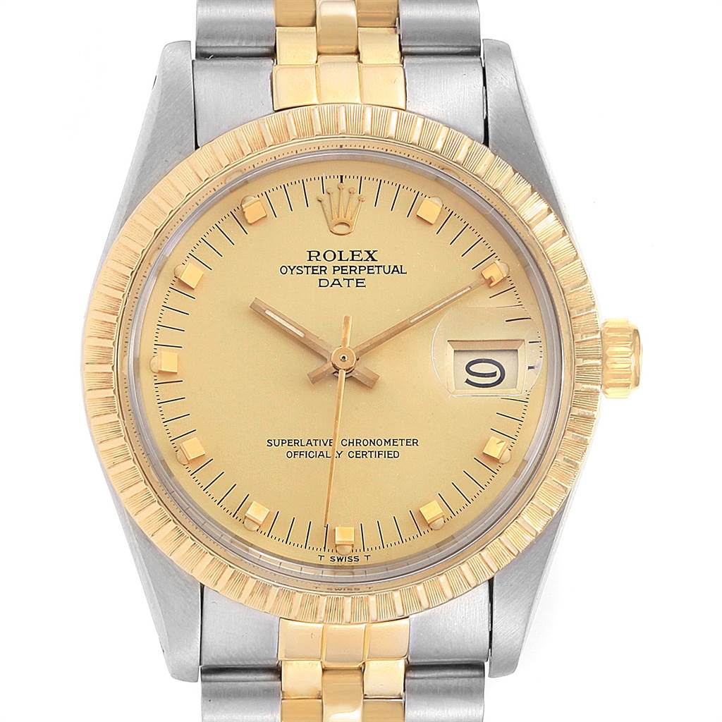 This image shows a front view of a Rolex Oyster Perpetual Date watch, highlighting the dial, hands, bezel, and part of the bracelet.