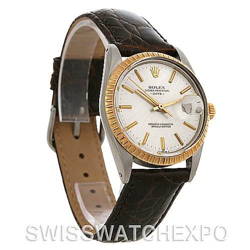 The image shows a Rolex Date 15035 Men's Stainless Steel Silver Dial 15035 Men's Stainless Steel Silver Dial model watch at a three-quarter angle, highlighting the face, bezel, crown, and leather strap.