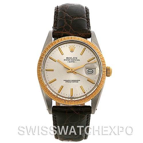 The image shows a frontal view of a Rolex Date 15035 Men's Stainless Steel Silver Dial 15035 Men's Stainless Steel Silver Dial model watch featuring a leather strap and a gold bezel.