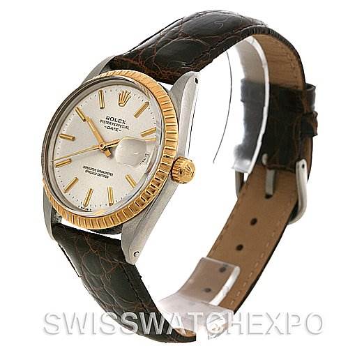 The image shows a Rolex Date 15035 Men's Stainless Steel Silver Dial 15035 Men's Stainless Steel Silver Dial model watch from a slight side angle, highlighting the dial, bezel, crown, and leather strap.