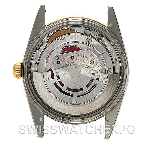This image shows the back view of a Rolex Date 15035 Men's Stainless Steel Silver Dial 15035 Men's Stainless Steel Silver Dial model, displaying its exposed movement and internal mechanisms.
