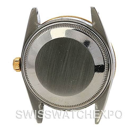 The image shows the back case and lugs of a Rolex Date 15035 Men's Stainless Steel Silver Dial 15035 Men's Stainless Steel Silver Dial model watch from a straight-on angle.