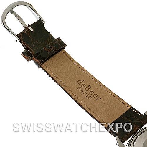 The image shows a close-up of a deBeer Paris leather watch strap attached to the Rolex Date 15035 Men's Stainless Steel Silver Dial 15035 Men's Stainless Steel Silver Dial model.