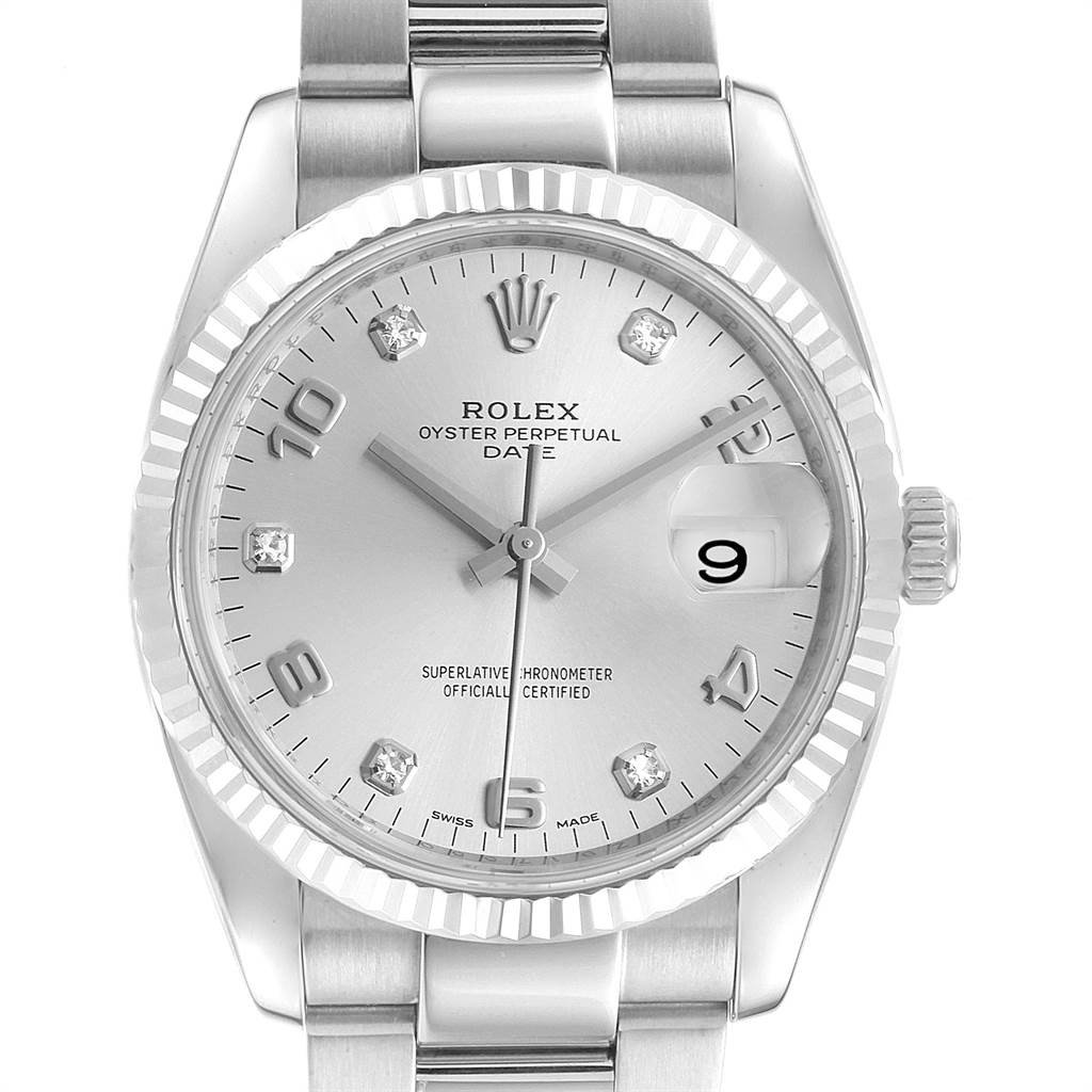 This image shows a front view of a Rolex Date 115234 Men's Stainless Steel Silver Dial 115234 Men's Stainless Steel Silver Dial model, highlighting its face, bezel, and part of the bracelet.