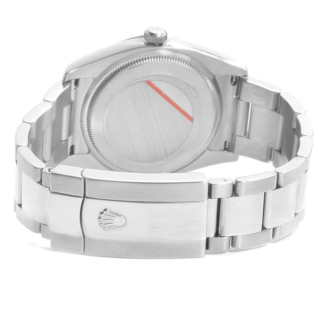 The image shows the back case and clasp of a Rolex Date 115234 Men's Stainless Steel Silver Dial 115234 Men's Stainless Steel Silver Dial model watch, viewed from the rear.