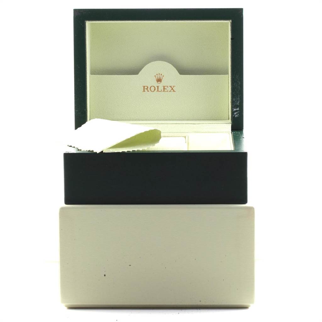 The image shows an open box for a Rolex Date 115234 Men's Stainless Steel Silver Dial 115234 Men's Stainless Steel Silver Dial model watch.