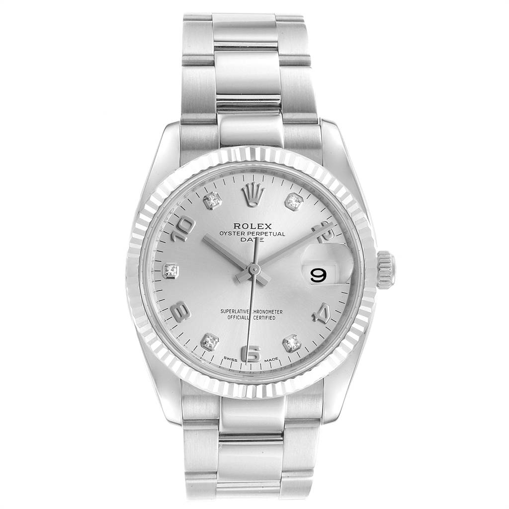 This is a frontal view of a Rolex Date 115234 Men's Stainless Steel Silver Dial 115234 Men's Stainless Steel Silver Dial model watch, showing the dial, bracelet, and bezel.