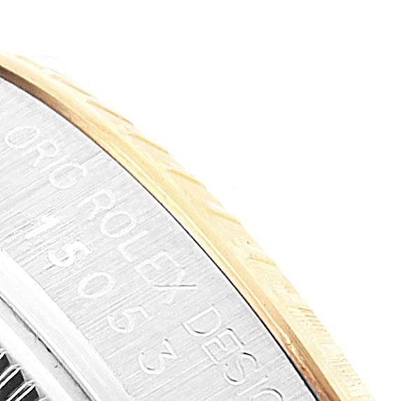 The close-up image shows a partial view of the bezel and engraved markings on a Rolex Date 15053 Men's Steel and Gold (two tone) Champagne Dial 15053 Men's Steel and Gold (two tone) Champagne Dial model watch.