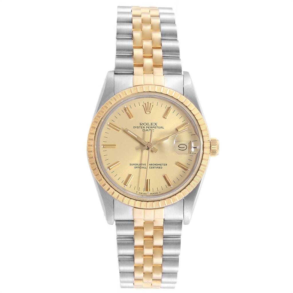This image shows a front view of a Rolex Date 15053 Men's Steel and Gold (two tone) Champagne Dial 15053 Men's Steel and Gold (two tone) Champagne Dial watch with a gold dial, fluted bezel, and two-tone Jubilee bracelet.
