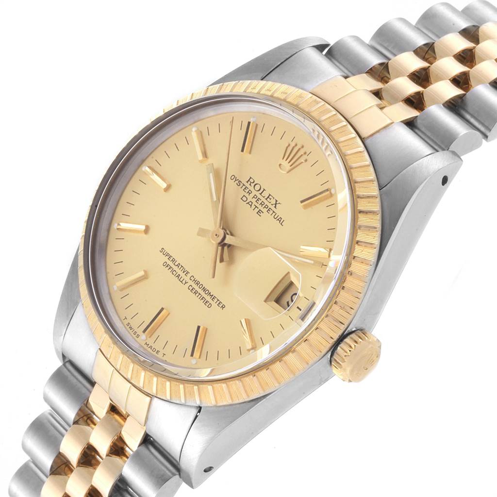 A Rolex Date 15053 Men's Steel and Gold (two tone) Champagne Dial 15053 Men's Steel and Gold (two tone) Champagne Dial model watch is shown at an angle displaying the face, bezel, crown, and part of the bracelet.