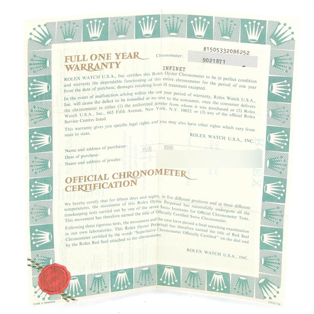 The image shows a warranty and chronometer certification for a Rolex Date 15053 Men's Steel and Gold (two tone) Champagne Dial 15053 Men's Steel and Gold (two tone) Champagne Dial model watch.