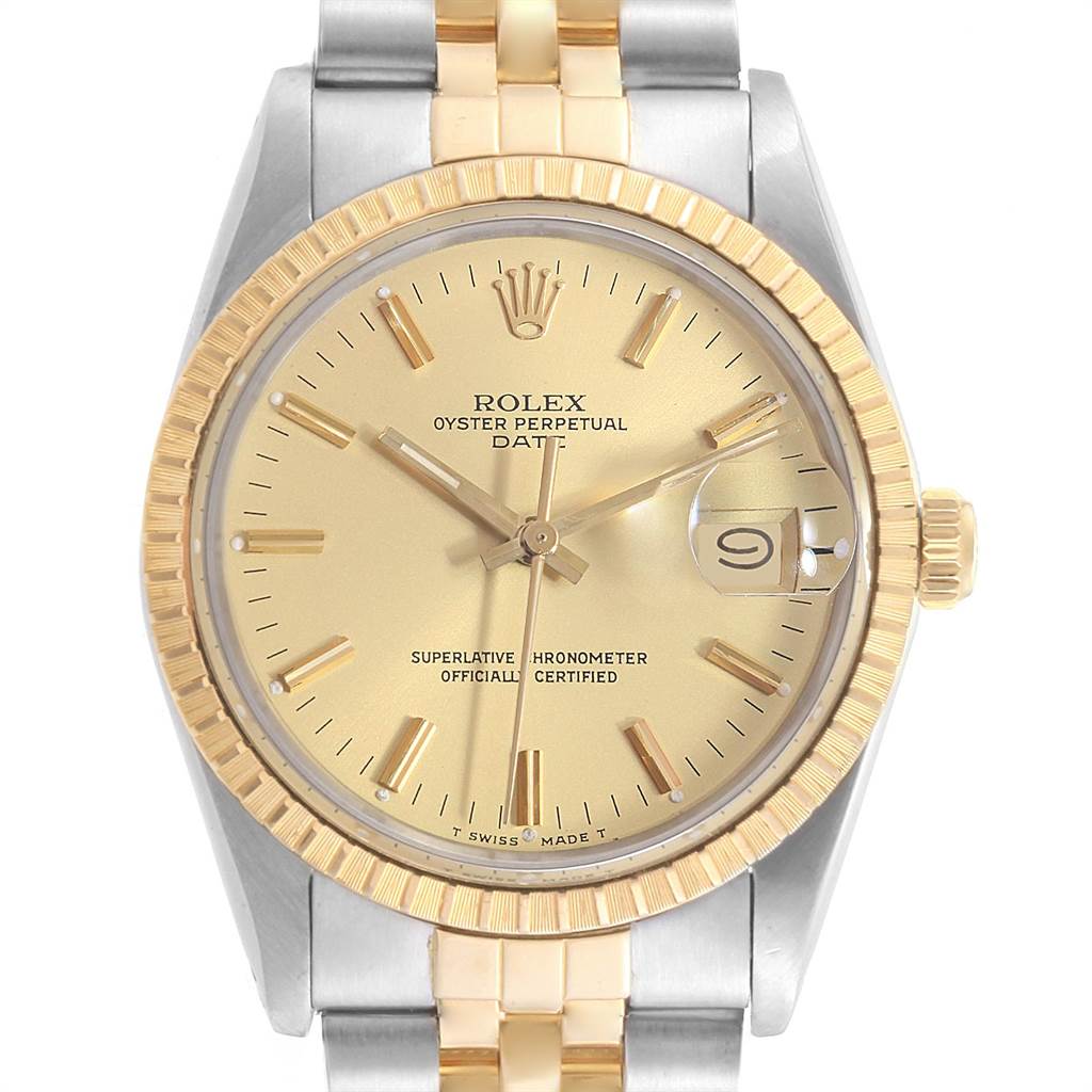 This Rolex Date 15053 Men's Steel and Gold (two tone) Champagne Dial 15053 Men's Steel and Gold (two tone) Champagne Dial model watch is viewed from the front, showcasing the dial, bezel, crown, and part of the bracelet.
