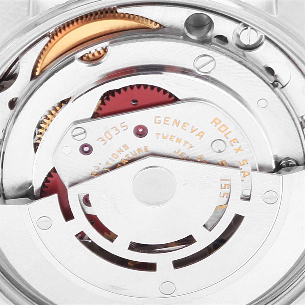 This image shows the close-up view of the movement mechanism inside a Rolex Date 15053 Men's Steel and Gold (two tone) Champagne Dial 15053 Men's Steel and Gold (two tone) Champagne Dial model watch.