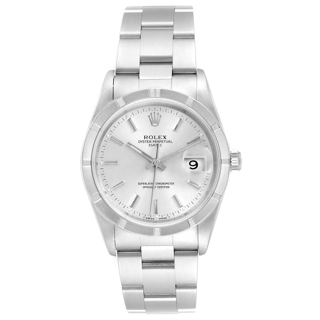The image shows a frontal view of a Rolex Date 15210 Men's Stainless Steel Silver Dial 15210 Men's Stainless Steel Silver Dial model watch, displaying its silver dial, bezel, and metal bracelet.
