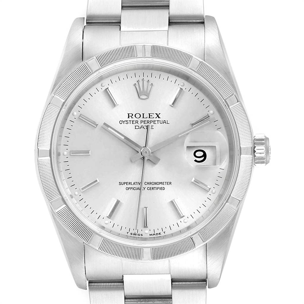 The image shows a front view of a Rolex Oyster Perpetual Date watch, displaying the dial, bezel, crown, and part of the bracelet.