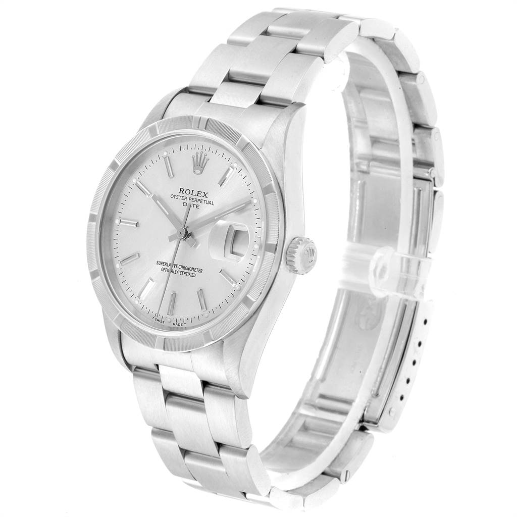 The image shows a side angle of a Rolex Date 15210 Men's Stainless Steel Silver Dial 15210 Men's Stainless Steel Silver Dial model watch, highlighting the face, bezel, bracelet, and crown.