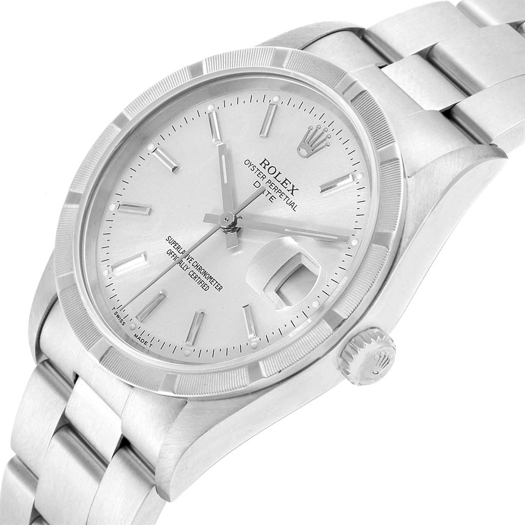 The Rolex Date 15210 Men's Stainless Steel Silver Dial 15210 Men's Stainless Steel Silver Dial model is shown from an angled side view, showcasing its dial, crown, and part of the bracelet.