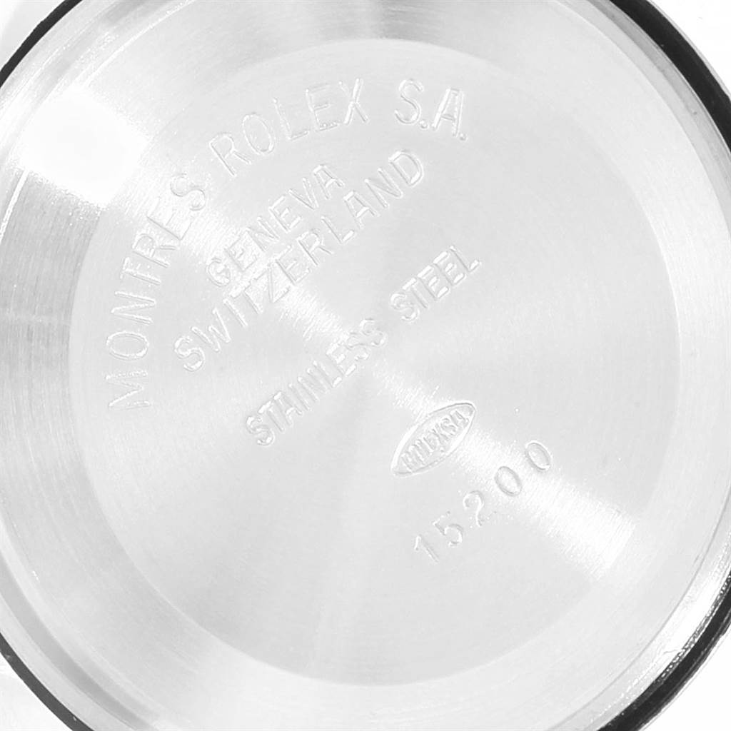 This image shows the case back of a Rolex Date 15210 Men's Stainless Steel Blue Dial 15210 Men's Stainless Steel Blue Dial watch, displaying the model number and brand markings.