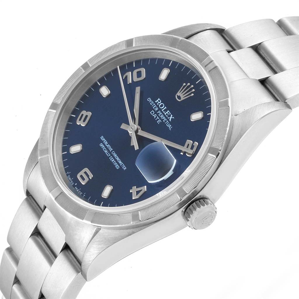 The image shows a Rolex Date 15210 Men's Stainless Steel Blue Dial 15210 Men's Stainless Steel Blue Dial model watch angled slightly from the front, highlighting the dial, bezel, crown, and bracelet.