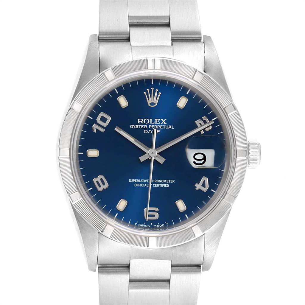 Rolex Date Blue Dial Engine Turned Bezel Steel Mens Watch 15210 ...