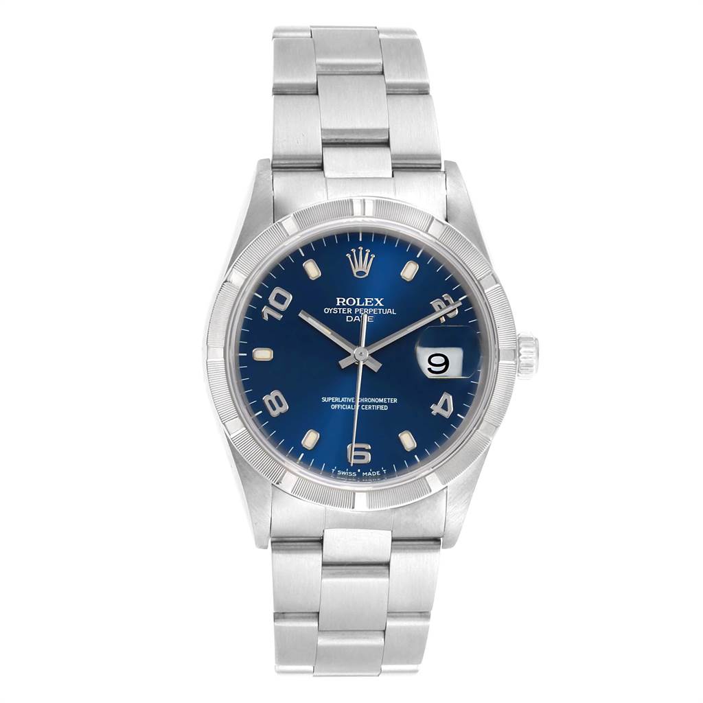 The Rolex Date 15210 Men's Stainless Steel Blue Dial 15210 Men's Stainless Steel Blue Dial model watch is shown from a front angle, displaying the blue dial, stainless steel bracelet, and date window.