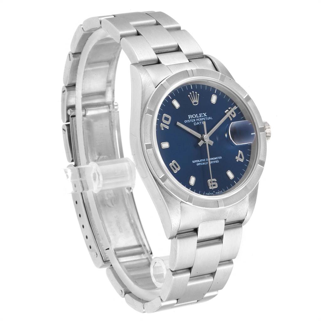 This image shows a Rolex Date 15210 Men's Stainless Steel Blue Dial 15210 Men's Stainless Steel Blue Dial model, angled to display its blue dial, bracelet, and case from a three-quarter perspective.