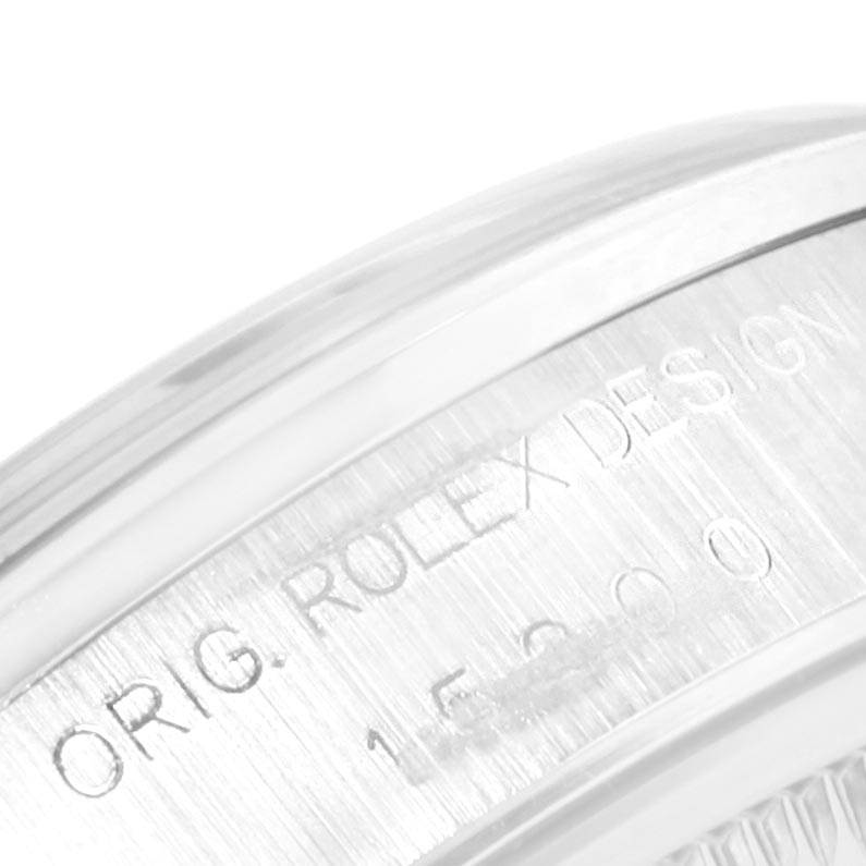The image shows a close-up of the side engraving on a Rolex Date 15200 Men's Stainless Steel Black Dial 15200 Men's Stainless Steel Black Dial model watch case, focusing on the model number.