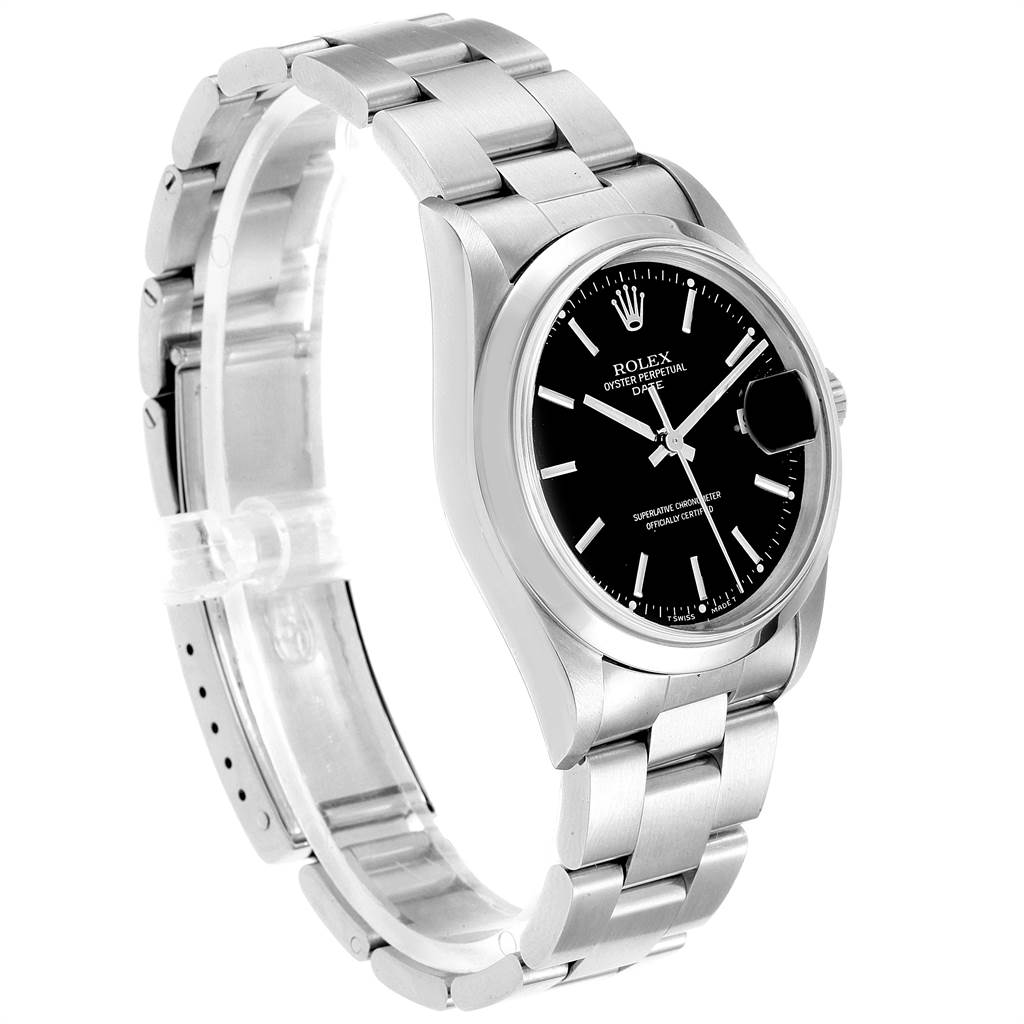 This image shows a side angle of a Rolex Date 15200 Men's Stainless Steel Black Dial 15200 Men's Stainless Steel Black Dial model, displaying the face, bezel, and stainless steel bracelet.