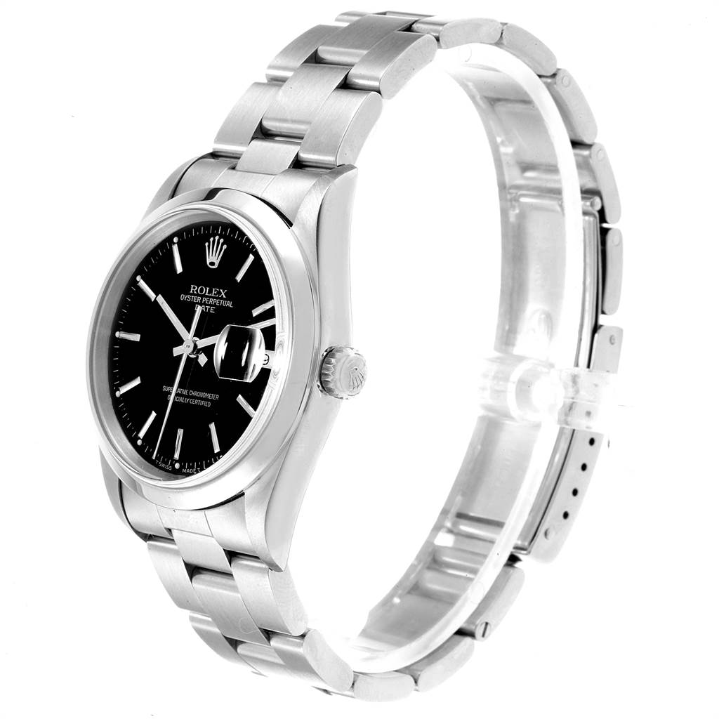 This image shows a side perspective of a Rolex Date 15200 Men's Stainless Steel Black Dial 15200 Men's Stainless Steel Black Dial model, highlighting the bracelet, dial, and crown.