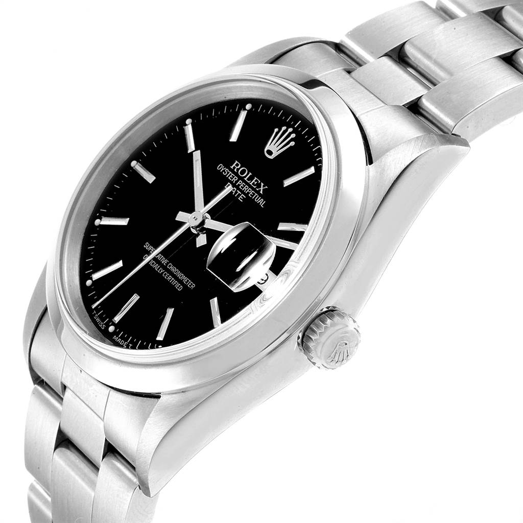 This image shows a Rolex Date 15200 Men's Stainless Steel Black Dial 15200 Men's Stainless Steel Black Dial model watch at a slight angle, highlighting the dial, bezel, crown, and part of the bracelet.